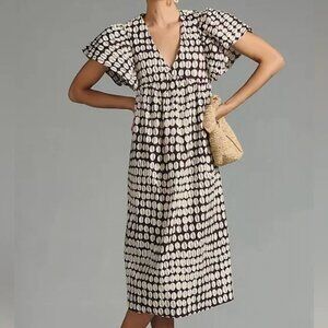 Anthropologie Maeve Printed Flutter Sleeve Babydoll  Dress Cocoa